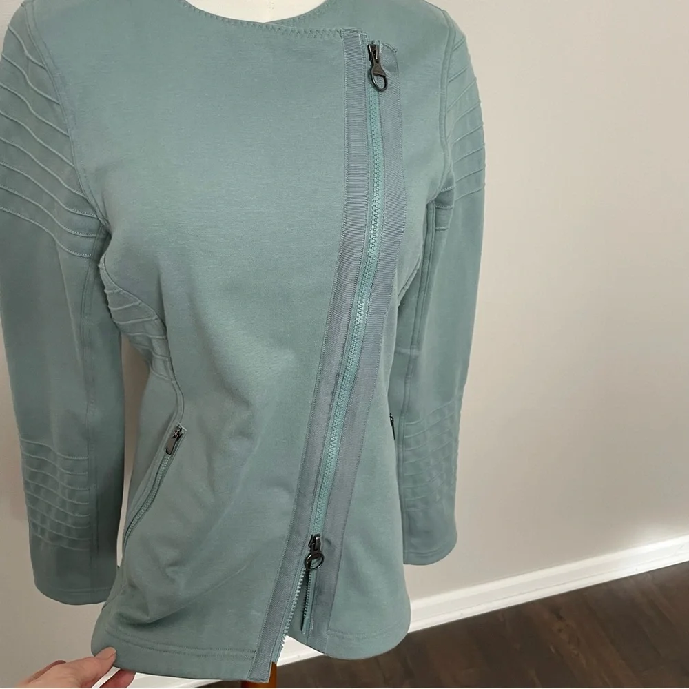 Athleta Moto Jacket Sweatshirt Knit Fleece Lined Zipper Pockets Minimalist Green